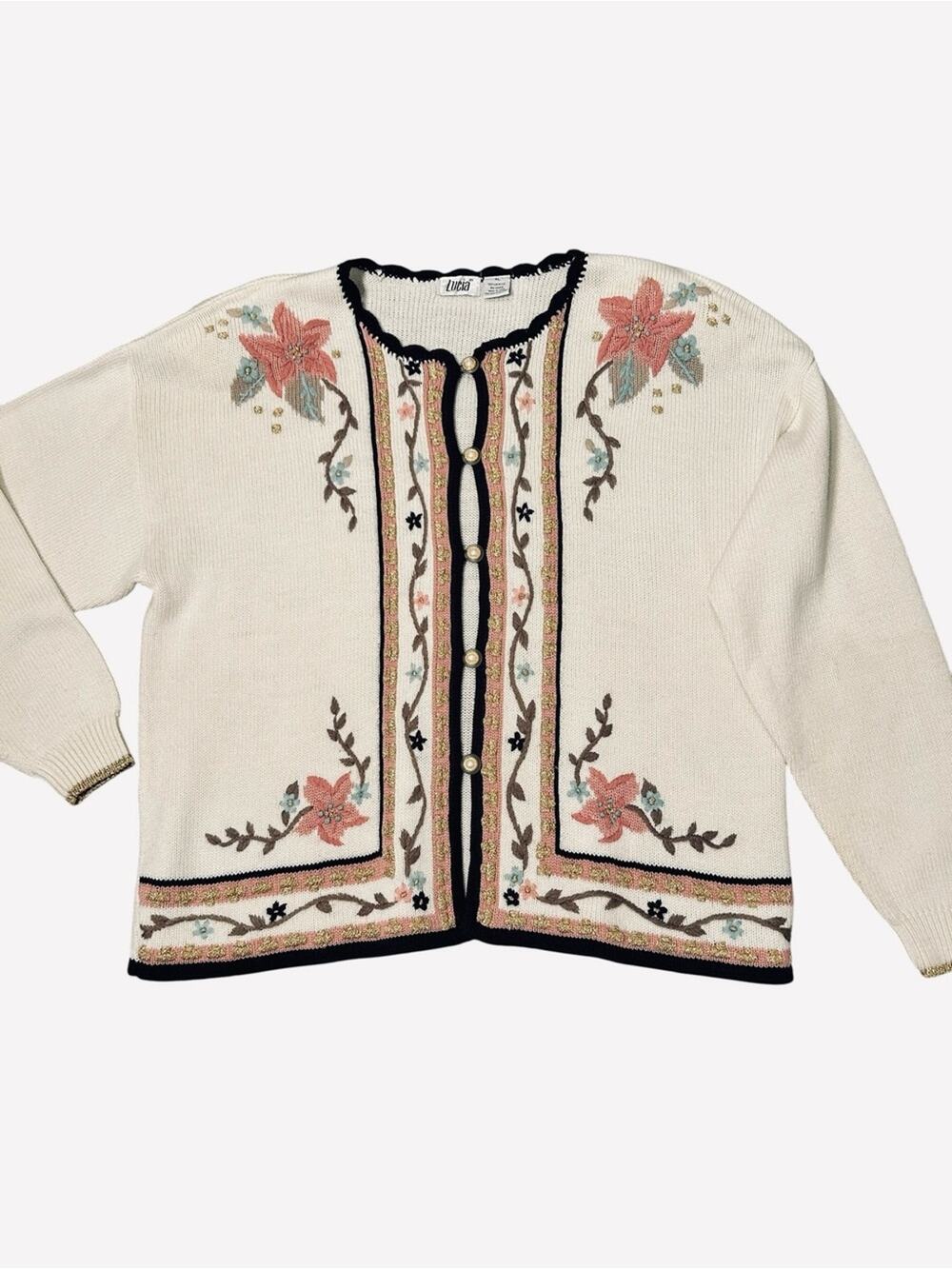 Vintage Lucia Sweater Cardigan Size XL Pink & Brown Embroidery Iridescent Gold